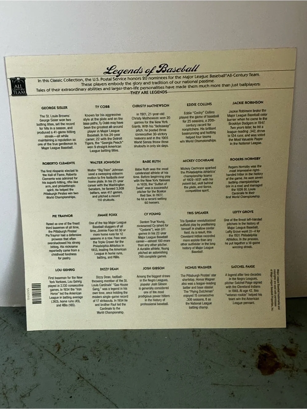 USPS 2000 Legends of Baseball Collectible Stamp Sheet COMPLETE